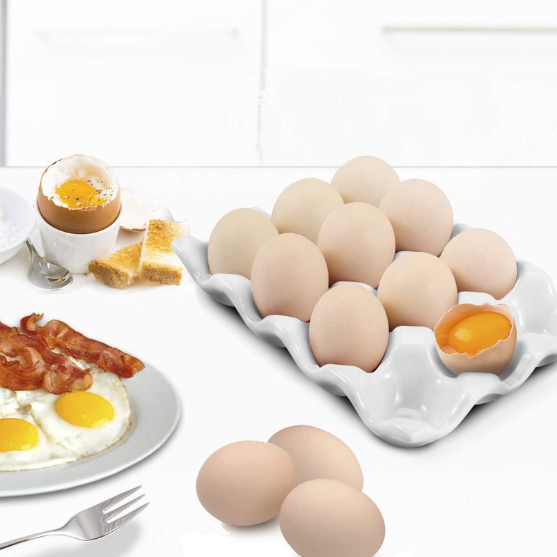 Flexzion 12 Eggs Ceramic Egg Holder, 12 Porcelain Egg Tray Storage Box, Non-Slip Egg Plate, Egg Holder, Egg Carrier Egg Box for Home, Kitchen, Fridge, Restaurant, White - Image 3